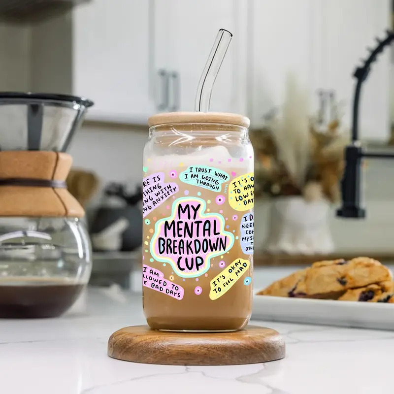 Mental Breakdown Glass Cup - Vaso de vidrio con tapa de bambú de 16 oz 