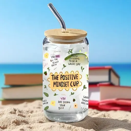 The positive mindset Glass Cup - Vaso de vidrio con tapa de bambú de 16 oz 