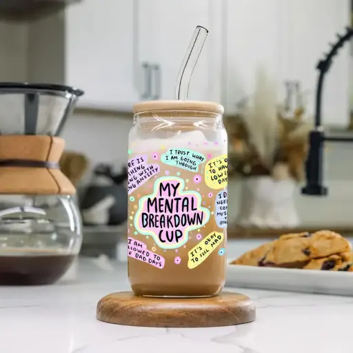 Mental Breakdown Glass Cup - Vaso de vidrio con tapa de bambú de 16 oz 